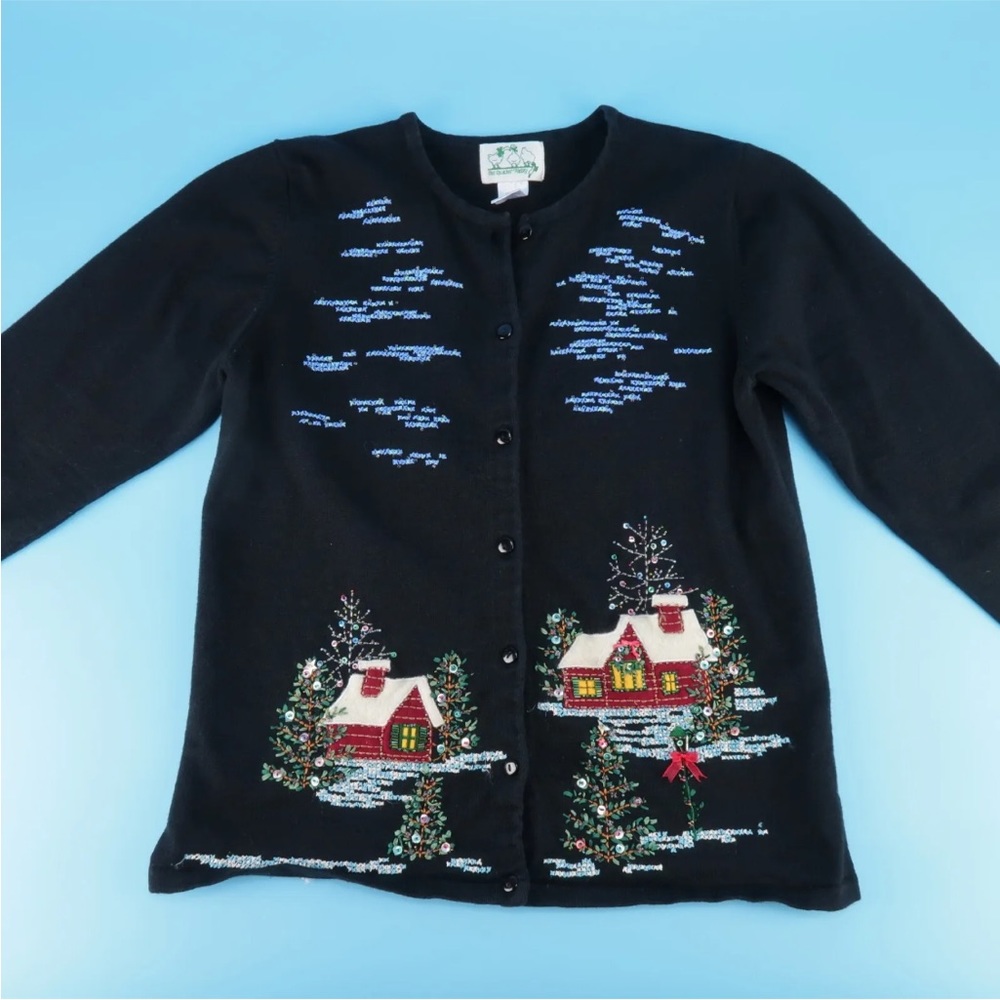 The Quaker Factory VTG Embroidered Christmas Winter Scenery Sweater Size M